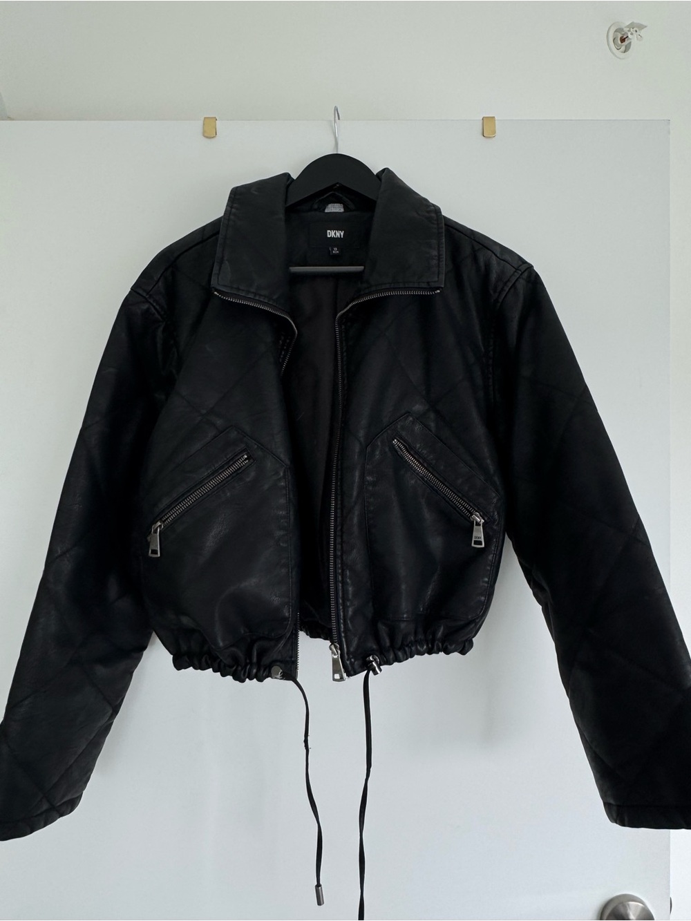 DKNY Black Cropped Quilted Faux Leather Bomber Jacket